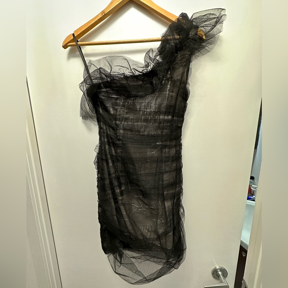 Bcbg black and silver dress one shoulder size 2